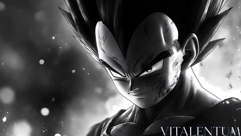 Battle-worn anime warrior rendered in high-contrast monochrome