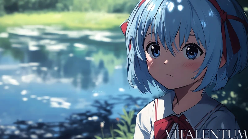 Pensive blue‑haired girl by a sunlit lake of quiet secrets.