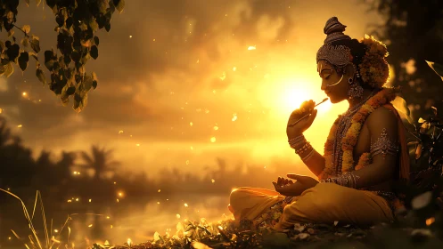 Sunlit river deity in golden meditation by glowing water.