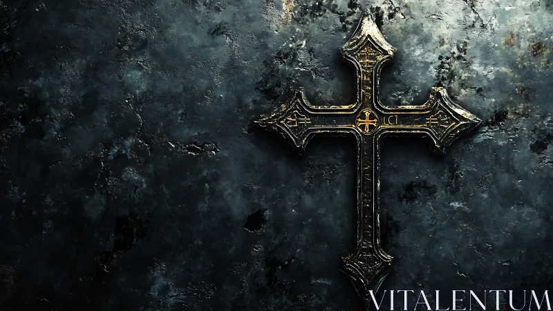 Metal cross rests on textured dark surface in side lighting