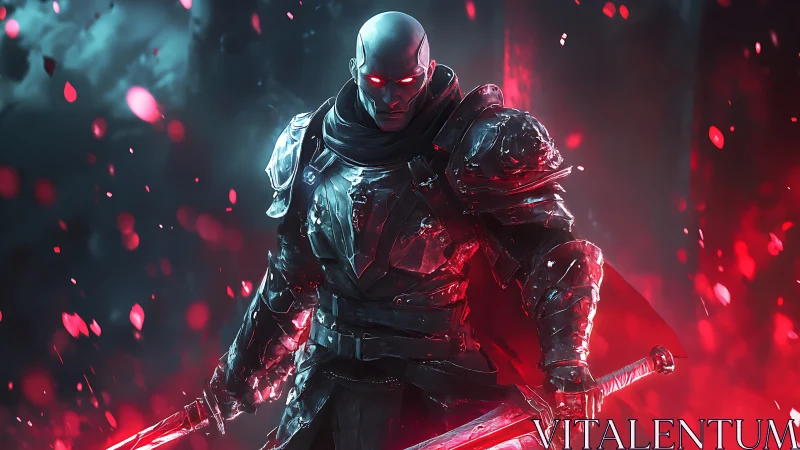 Armored dark knight with dual swords in crimson particle storm