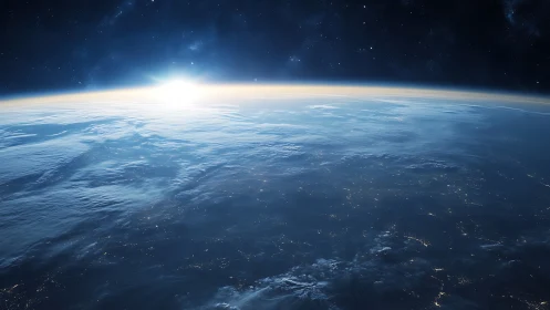 Sunrise crown over Earth’s blue horizon from space.