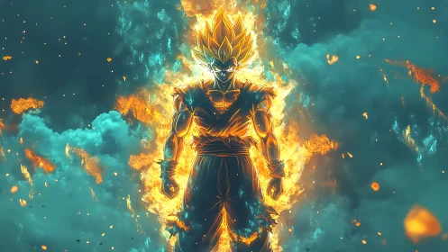 Fiery warrior silhouette radiates energy within storm clouds