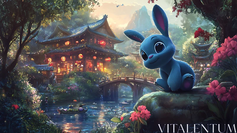 Blue rabbit watches lantern-lit riverside temple village.