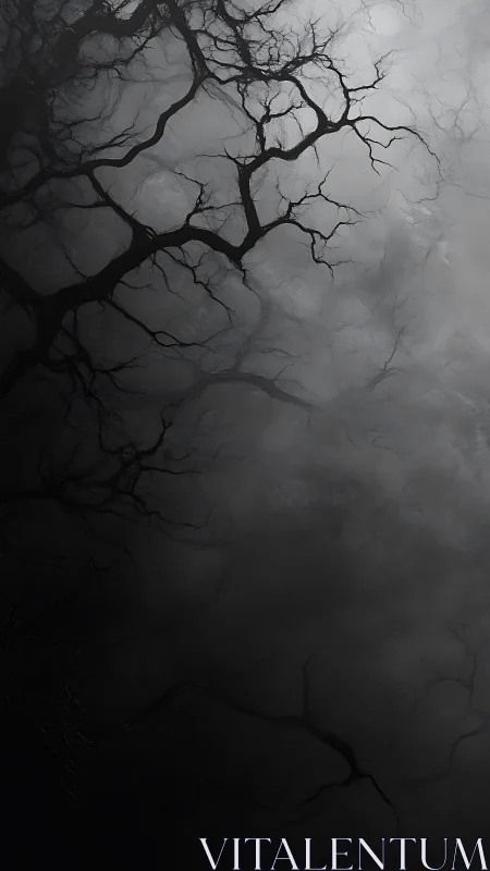 Whispering tangle of winter branches in drifting fog.