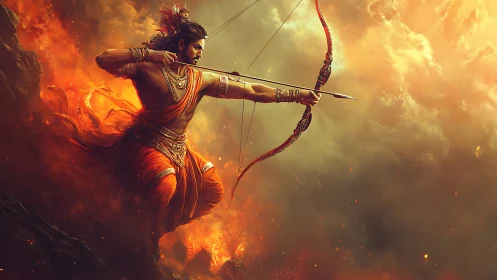 Fiery warrior archer commands the storm of battle sky