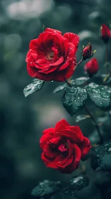 Red roses with dew droplets on green foliage background