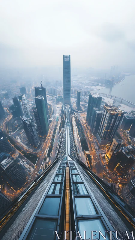 Skyline vanishing point draws into misty futuristic city.
