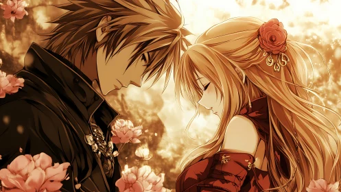 Romantic Anime Portrait: Golden Hour Intimate Moment with Floral Elements.
