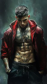 Brooding tattooed fighter in rain-soaked red jacket portrait.
