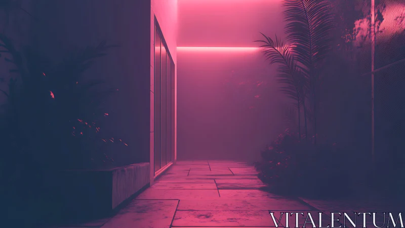 Neon garden corridor glows through misty tropical foliage.