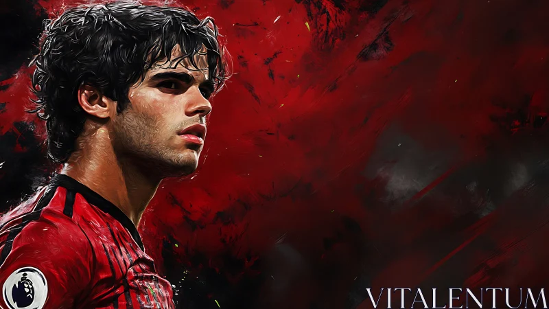 Crimson striker poised in swirling storm of painted passion.