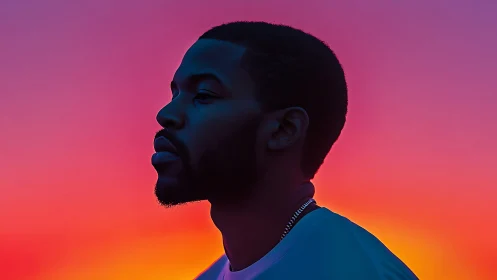 Digital portrait silhouette against neon gradient sunset background.