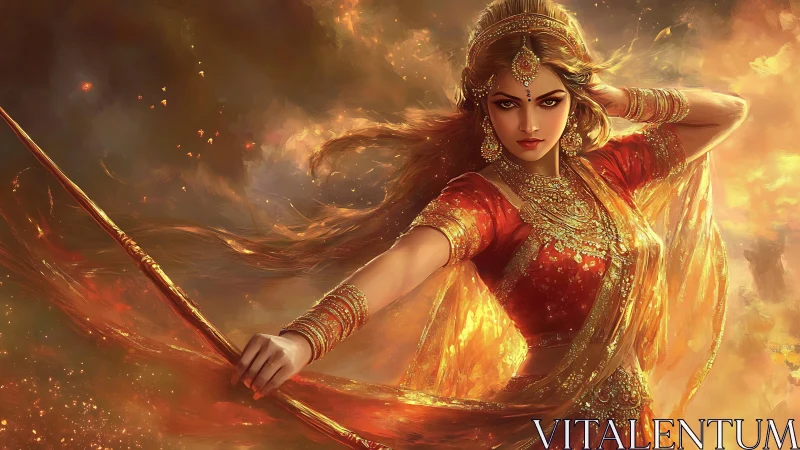 Female warrior in ornate attire holds staff amid fiery backdrop