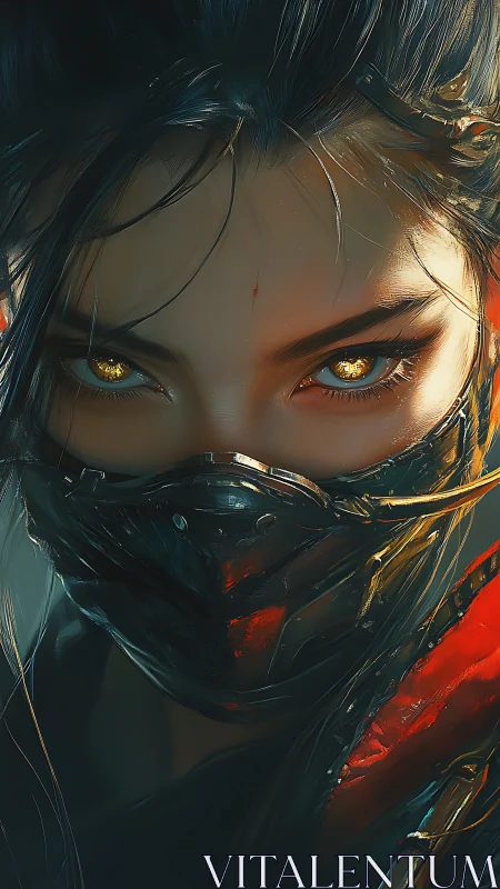 Masked female warrior portrait with glowing golden eyes.
