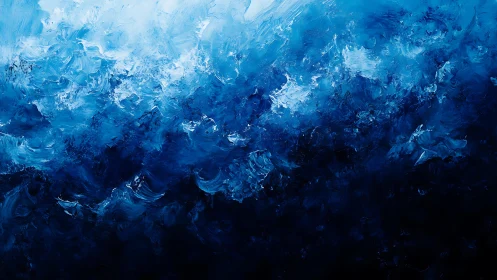 Abstract ocean waves in expressive blue brushstroke painting.