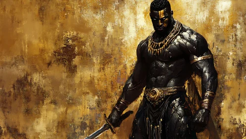 Golden warlord strides from molten shadows of battle.