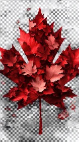 Layered red maple leaf collage on transparent grid.