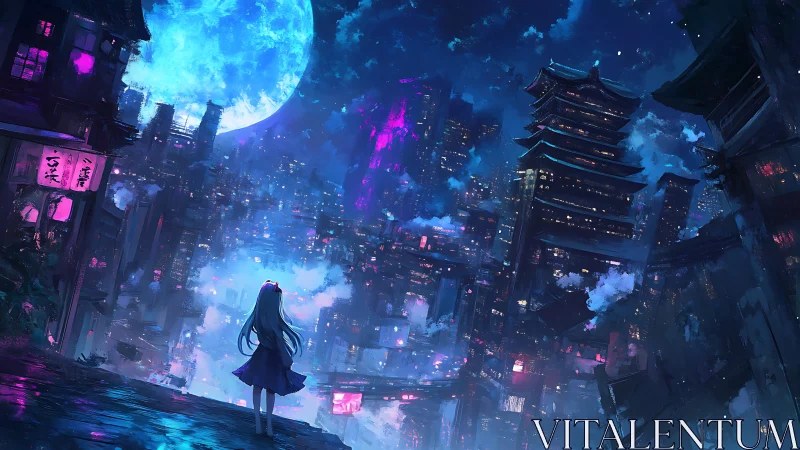 Girl overlooking dense neon city under large blue moon.