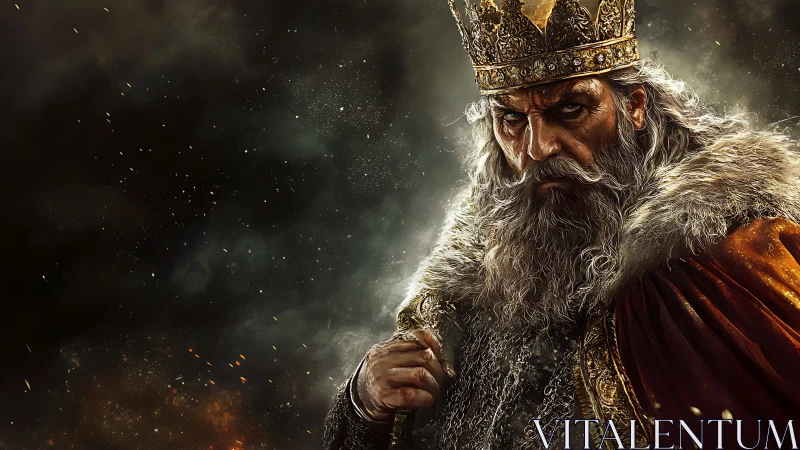 Battle-scarred king grips jeweled sword amid swirling embers