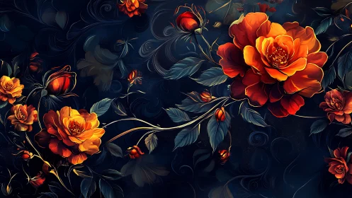 Red and Orange Flowers Against Dark Blue Swirling Background