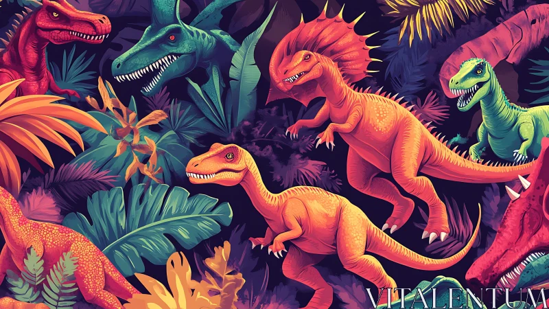 Neon jungle raptors prowl a lush, electric dino dreamscape.