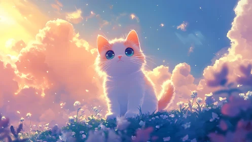 Cat with Blue Eyes in Illuminated Cloud Setting.