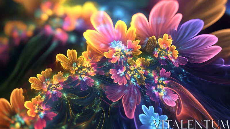 Fractal floral composition with multicolored glowing petals.