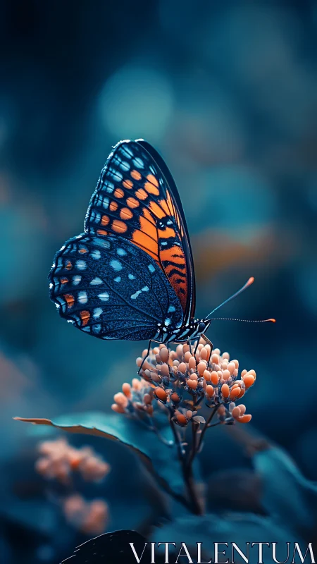 Midnight monarch pauses on ember-bright blossom throne.