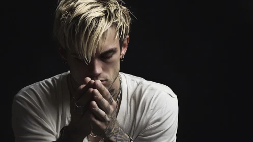 Low-key portrait of tattooed man in contemplative clasped pose.