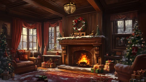 Cozy wood-paneled living room glows with festive fireplace