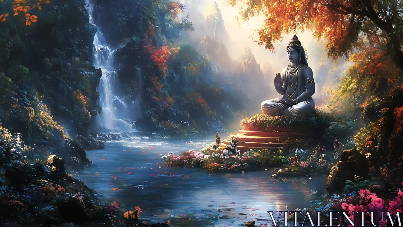 Serene deity statue beside waterfall in lush fantasy valley.