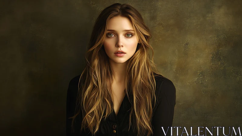 Portrait of young woman against muted textured backdrop.