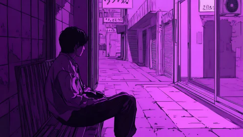 Nocturnal alleyway observer under monochrome magenta luminance.