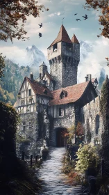 Stone fortress manor integrates Gothic tower with alpine backdrop