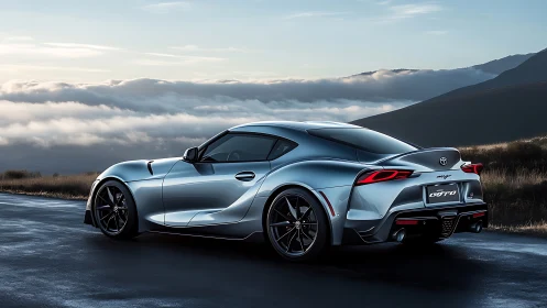 Sleek silver sports car embraces a misty mountain highway