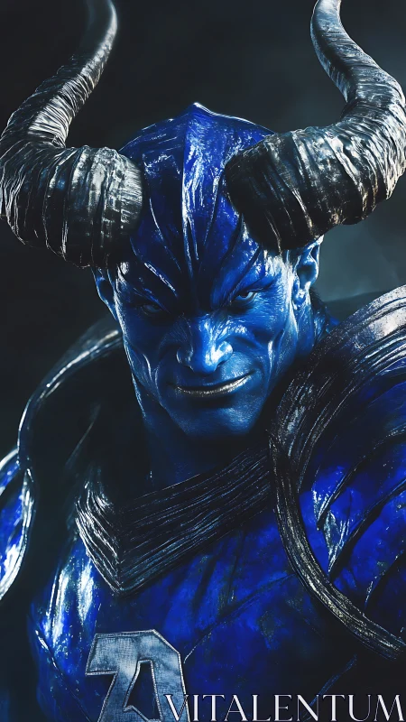 Blue horned humanoid warrior stares forward with intensity