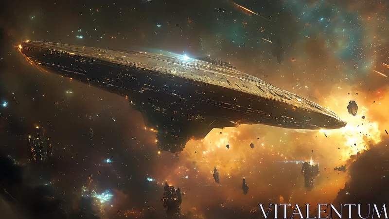 Titan cruiser drifts through ember-bright galactic battlefield.