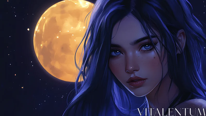 Blue haired woman under full moon in starry night sky.