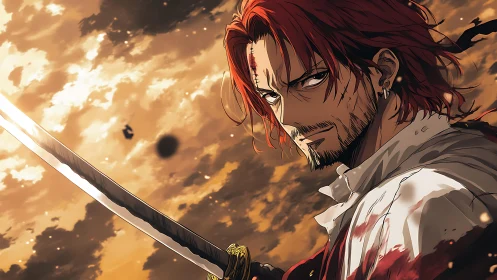 Battle-scarred swordsman holds bloodied katana at dusk