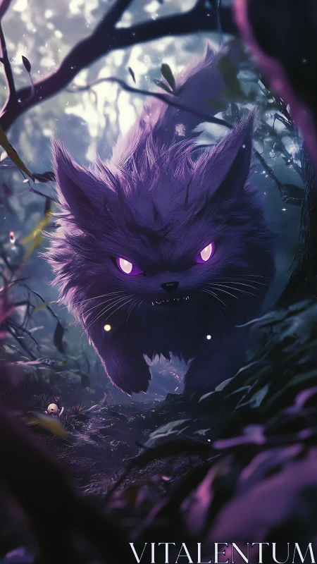 Purple glowing-eyed cat creature stalking in dark forest.