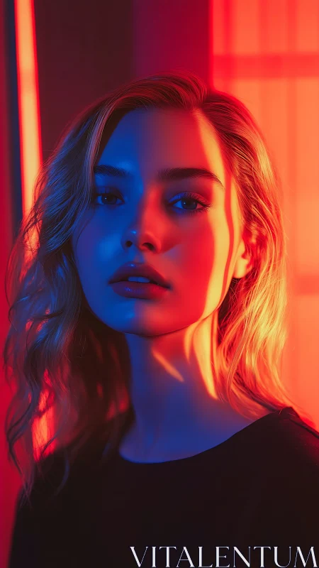 Portrait under neon rim light with vivid color contrast.