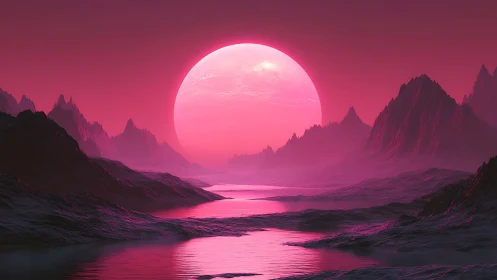Stellar-scale magenta sun over crystalline alien fjord basin