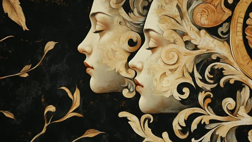 Ornate twin female profiles merge with baroque vegetal scrollwork