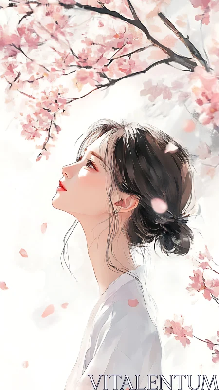 Profile portrait under soft blooming cherry branches.