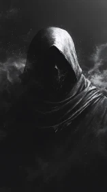 Hooded spectral entity in volumetric chiaroscuro shroud field.