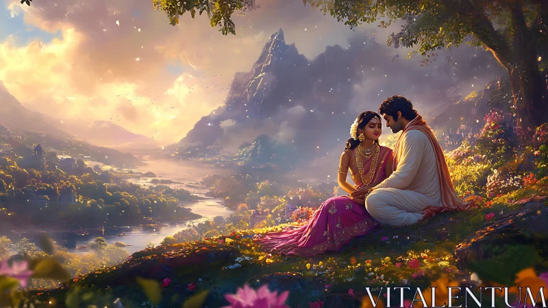 Lovers Overlooking Valley at Golden Sunset.