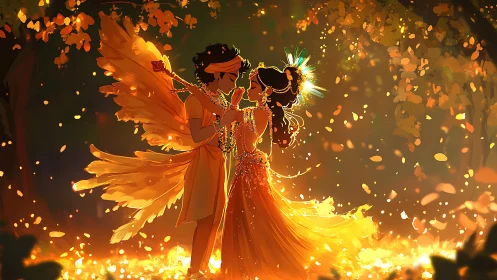 Mythic couple illuminated by golden bokeh in stylized forest glow