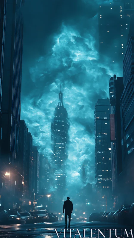 Silhouetted figure observing illuminated storm above city street.