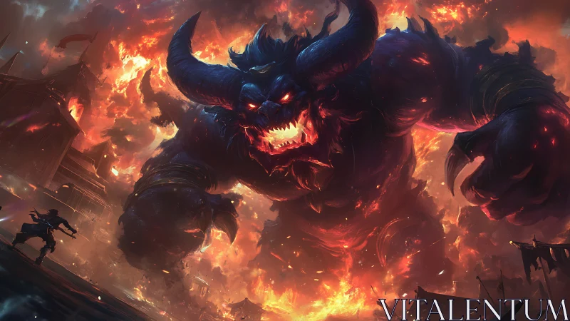 Inferno colossus roaring over a doomed, burning stronghold.